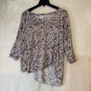 Rachel Zoe 100% Linen Floral Blouse 1X Boho Lightweight Hi Low Top